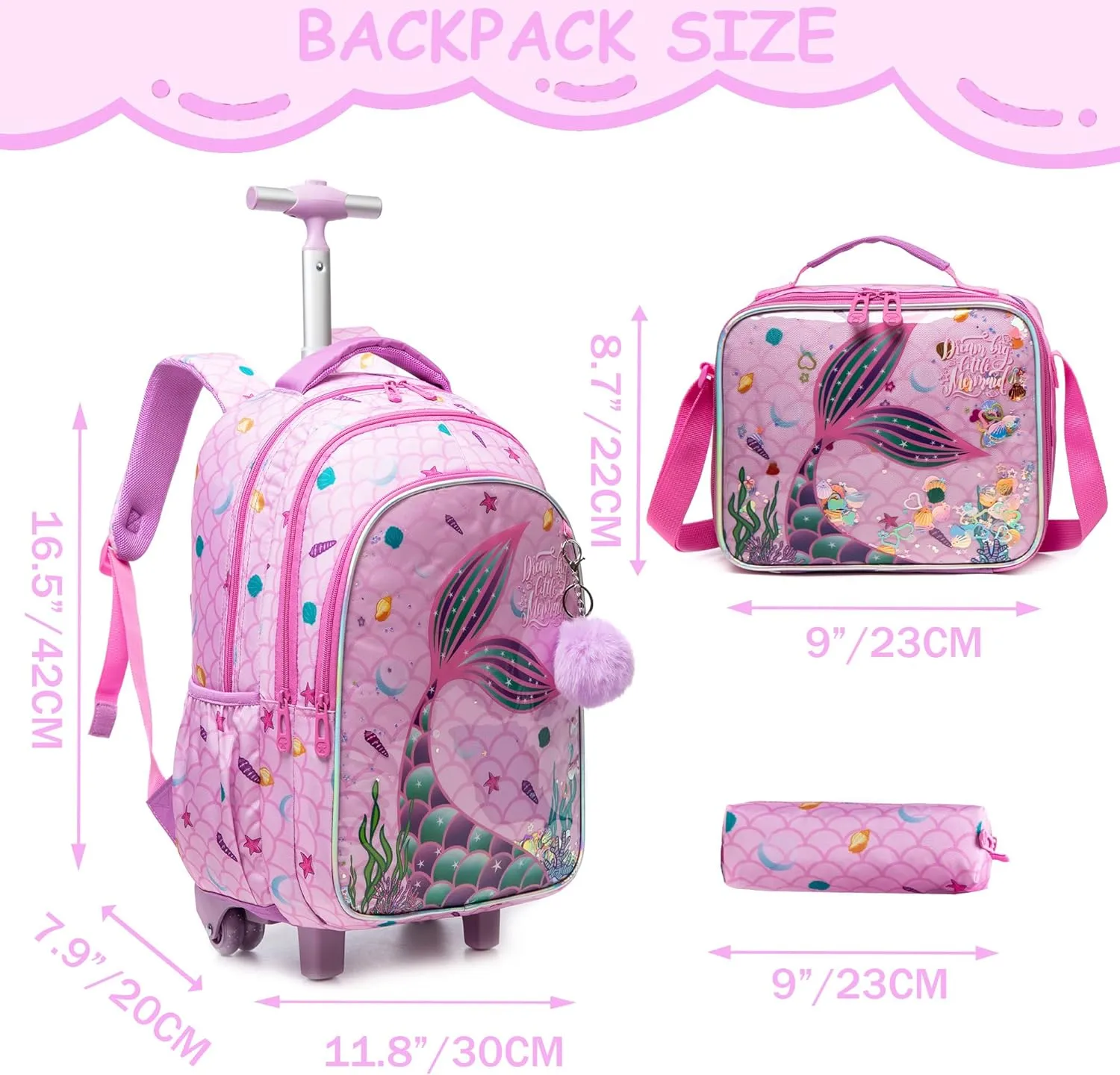 Mermaid Rolling Backpack for Girls School Backpack with wheels Travel Backpack Suitcases with Wheels Kids Backpack with Lunch Box for Elementary Primary Students