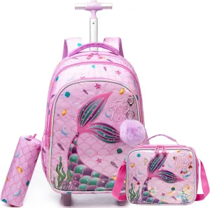 Mermaid Rolling Backpack for Girls School Backpack with wheels Travel Backpack Suitcases with Wheels Kids Backpack with Lunch Box for Elementary Primary Students