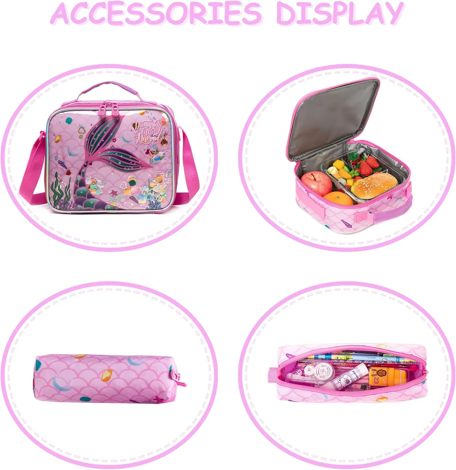 Mermaid Rolling Backpack for Girls School Backpack with wheels Travel Backpack Suitcases with Wheels Kids Backpack with Lunch Box for Elementary Primary Students