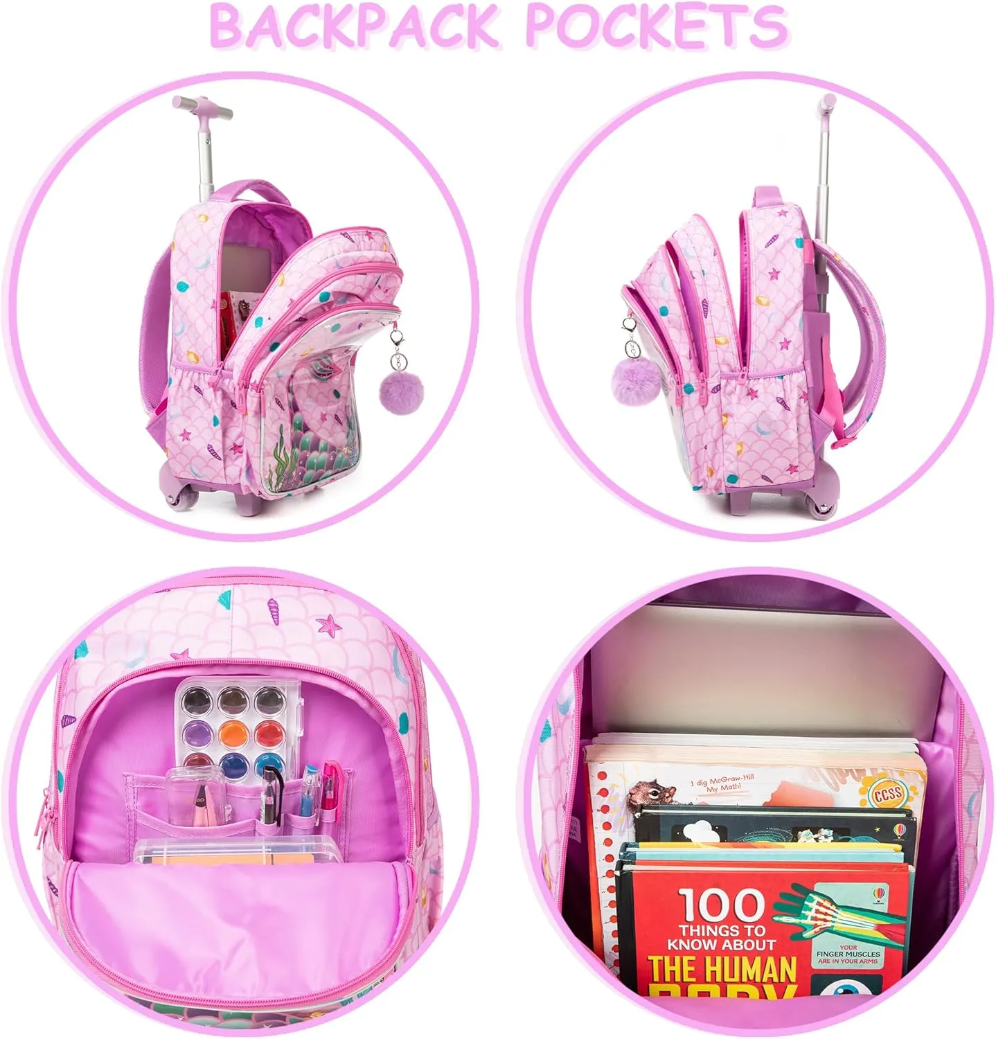 Mermaid Rolling Backpack for Girls School Backpack with wheels Travel Backpack Suitcases with Wheels Kids Backpack with Lunch Box for Elementary Primary Students
