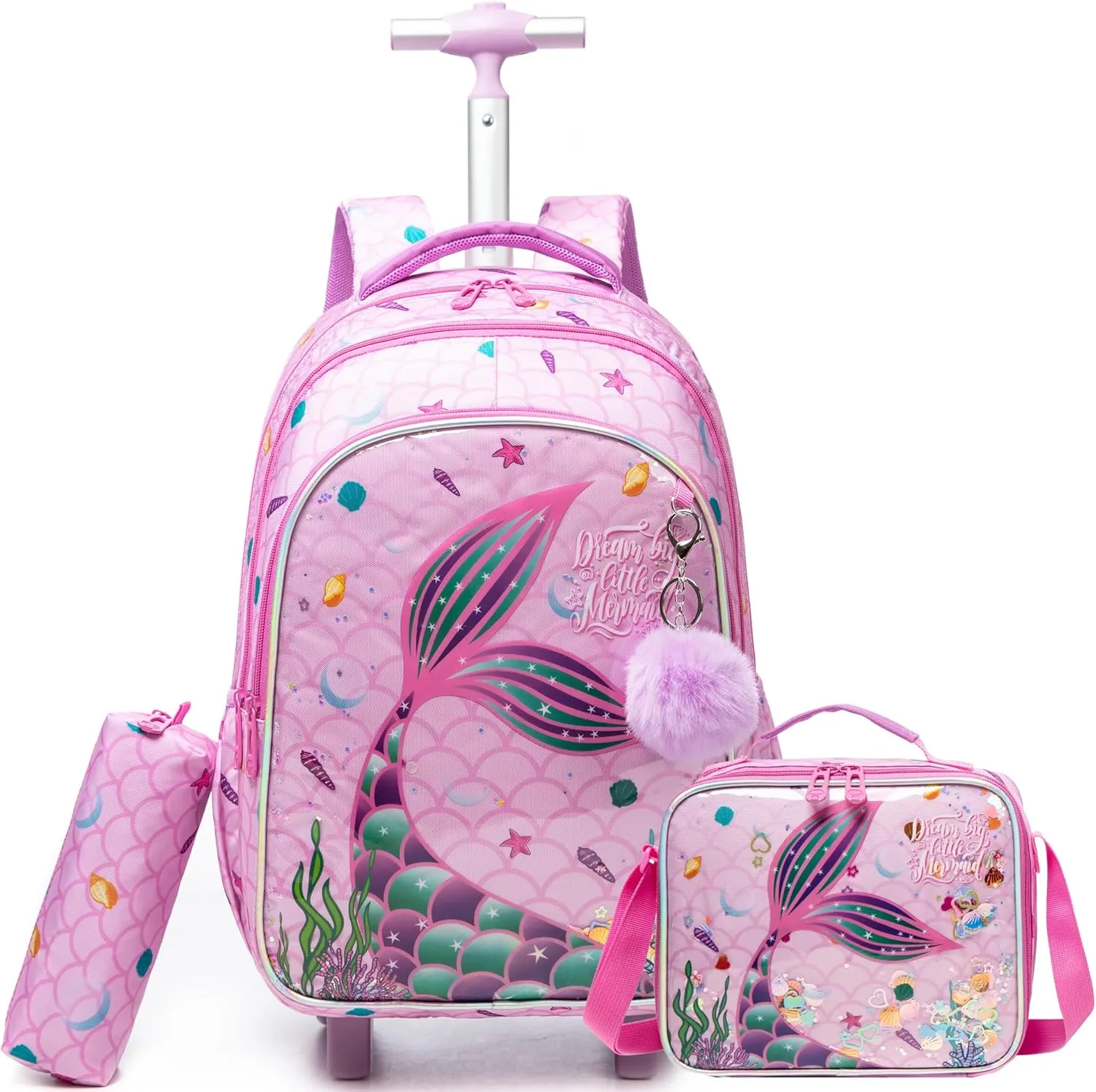 Mermaid Rolling Backpack for Girls School Backpack with wheels Travel Backpack Suitcases with Wheels Kids Backpack with Lunch Box for Elementary Primary Students