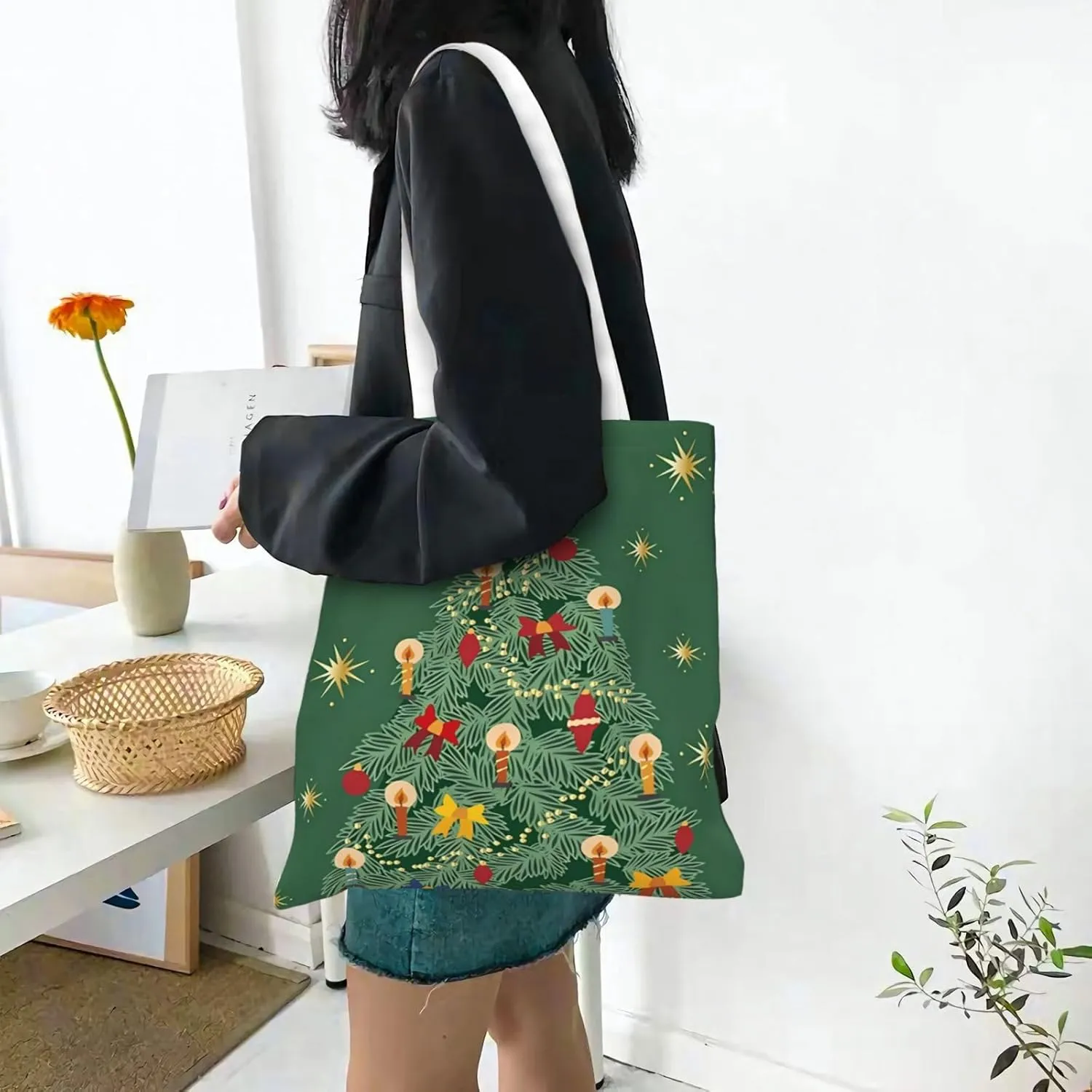 Merry Christmas Tree Snowflake Canvas Tote Bag for Women Reusable Grocery Shoulder Bags Shopping Handbags