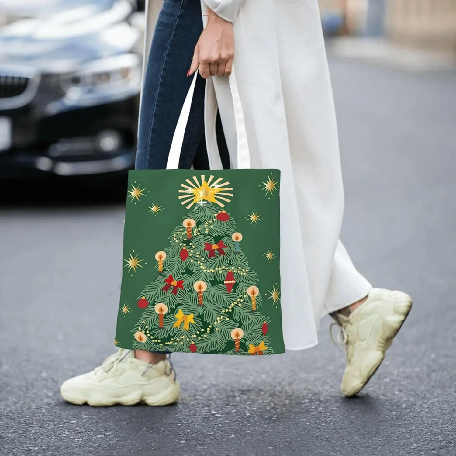 Merry Christmas Tree Snowflake Canvas Tote Bag for Women Reusable Grocery Shoulder Bags Shopping Handbags
