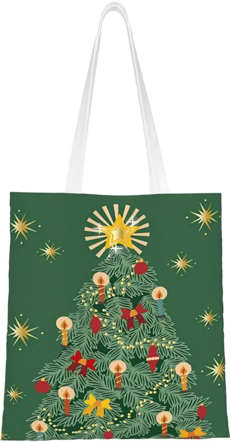 Merry Christmas Tree Snowflake Canvas Tote Bag for Women Reusable Grocery Shoulder Bags Shopping Handbags