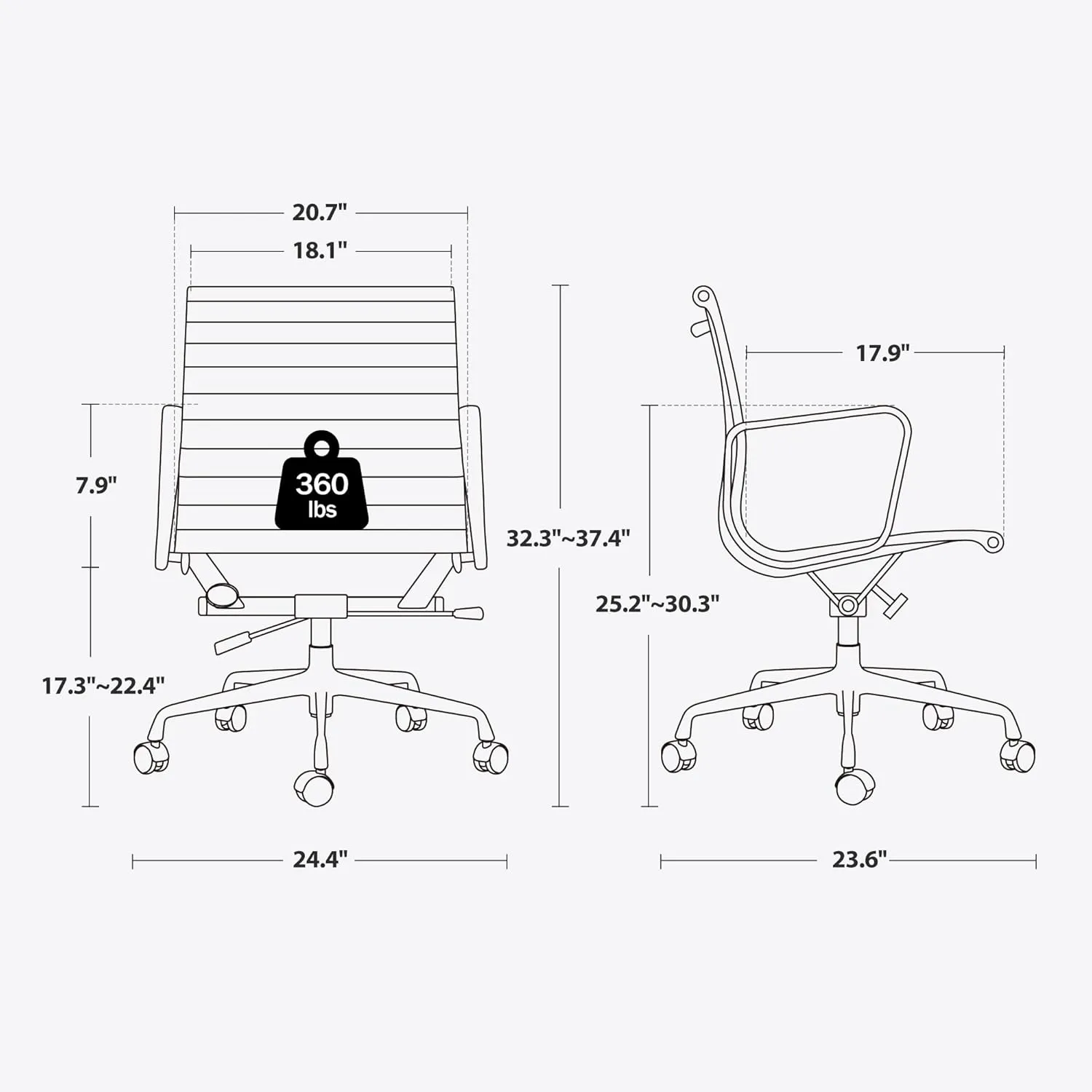 Mid Back Cream Top Grain Leather Ribbed Home Office Chair, Ergonomic Computer Desk Chair with Aluminium Alloy Frame and Silent Nylon Wheels, 360° Swivelable