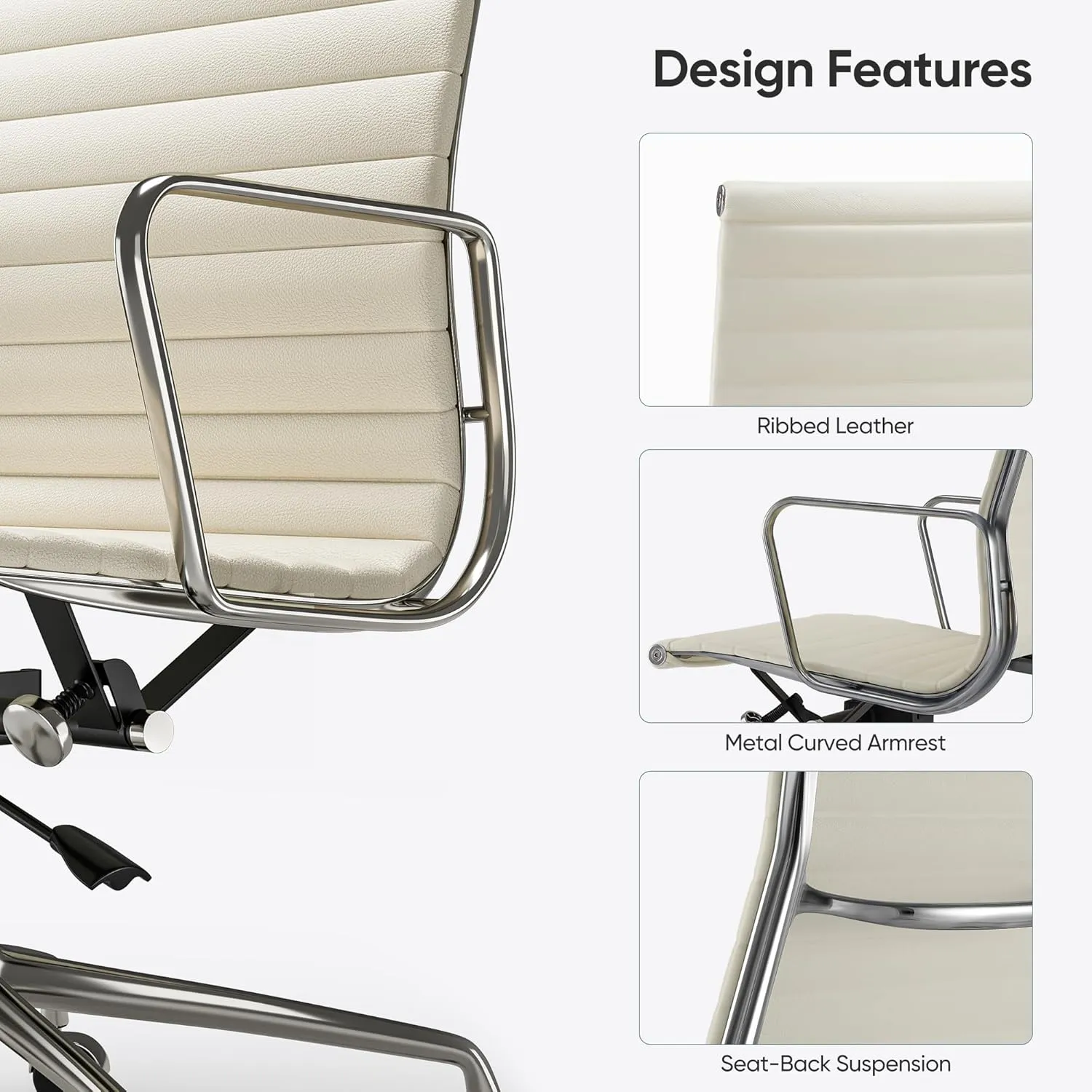 Mid Back Cream Top Grain Leather Ribbed Home Office Chair, Ergonomic Computer Desk Chair with Aluminium Alloy Frame and Silent Nylon Wheels, 360° Swivelable