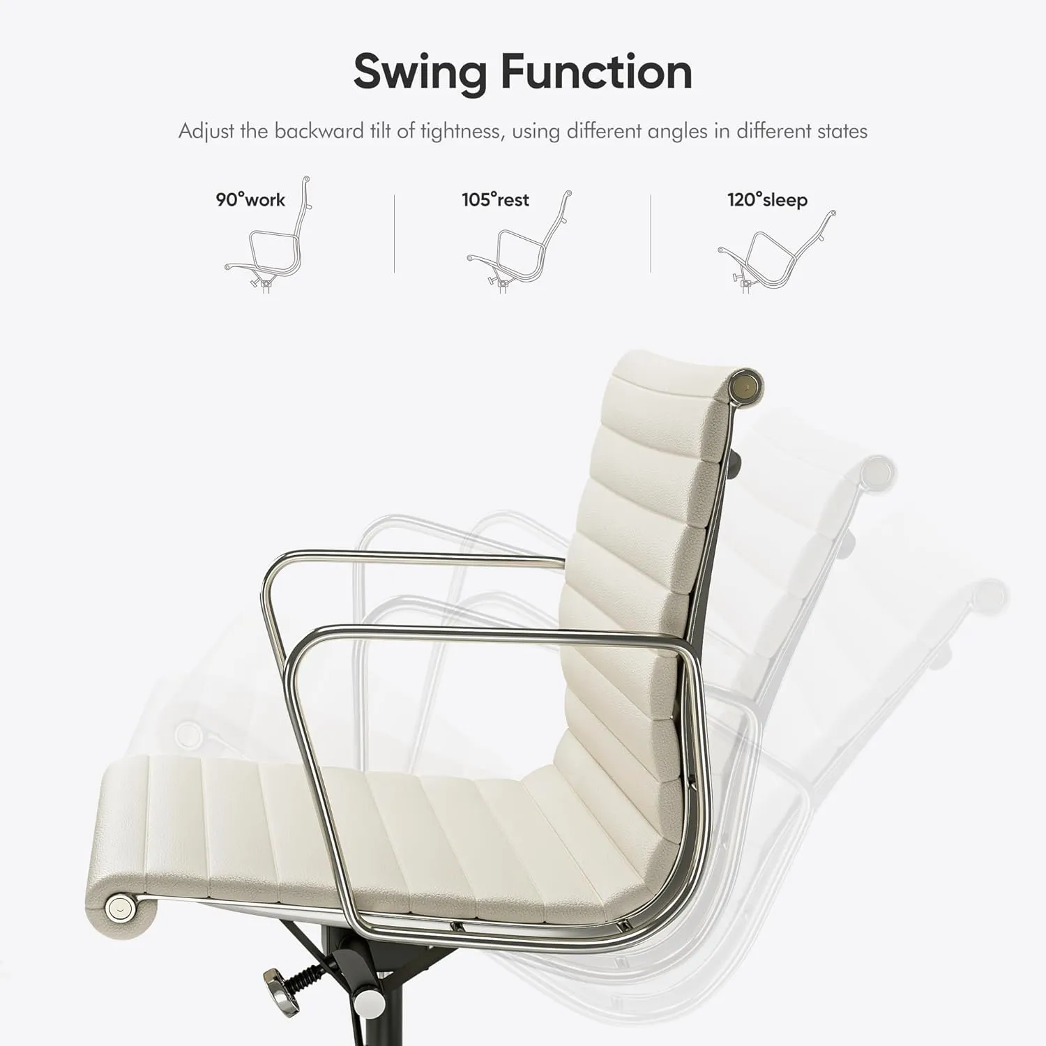 Mid Back Cream Top Grain Leather Ribbed Home Office Chair, Ergonomic Computer Desk Chair with Aluminium Alloy Frame and Silent Nylon Wheels, 360° Swivelable