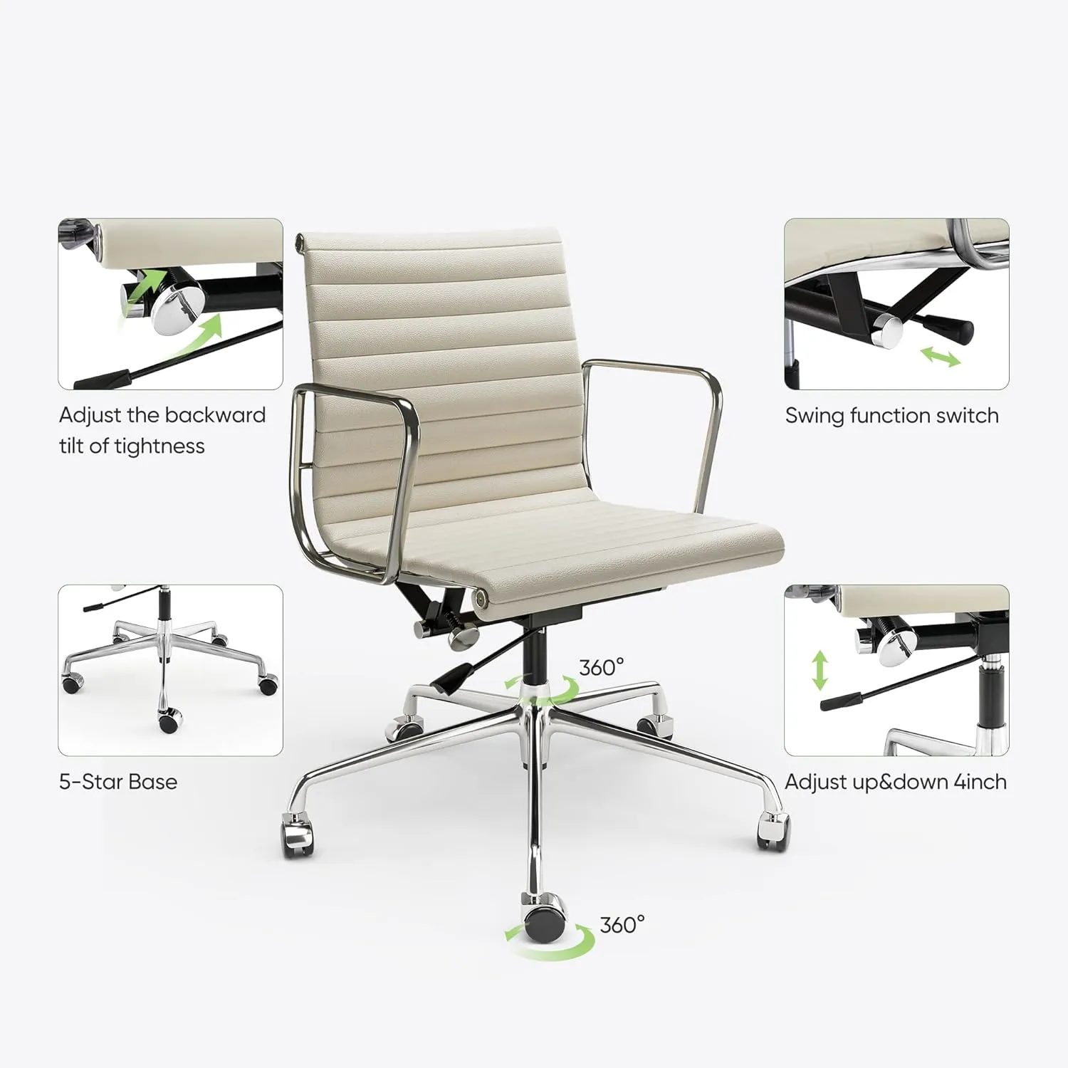 Mid Back Cream Top Grain Leather Ribbed Home Office Chair, Ergonomic Computer Desk Chair with Aluminium Alloy Frame and Silent Nylon Wheels, 360° Swivelable