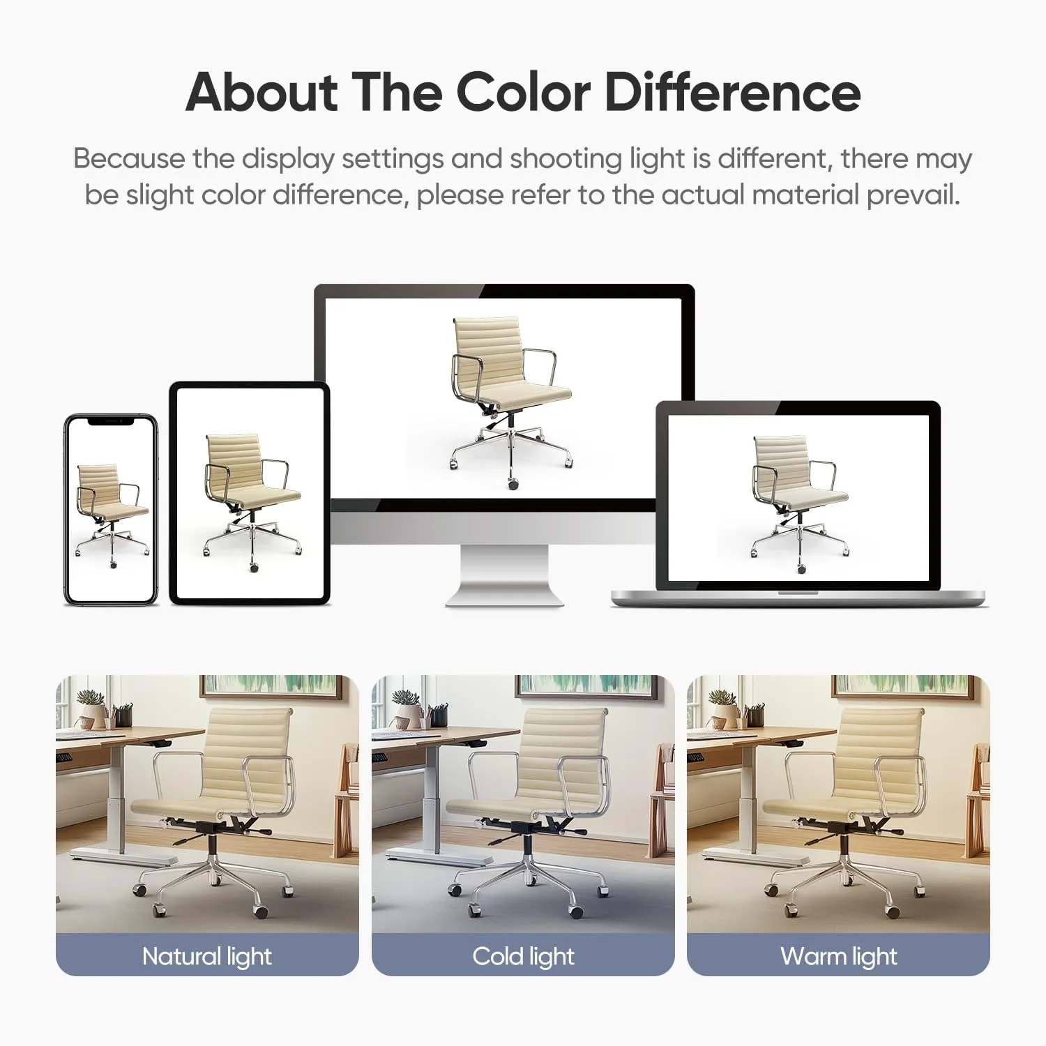 Mid Back Cream Top Grain Leather Ribbed Home Office Chair, Ergonomic Computer Desk Chair with Aluminium Alloy Frame and Silent Nylon Wheels, 360° Swivelable