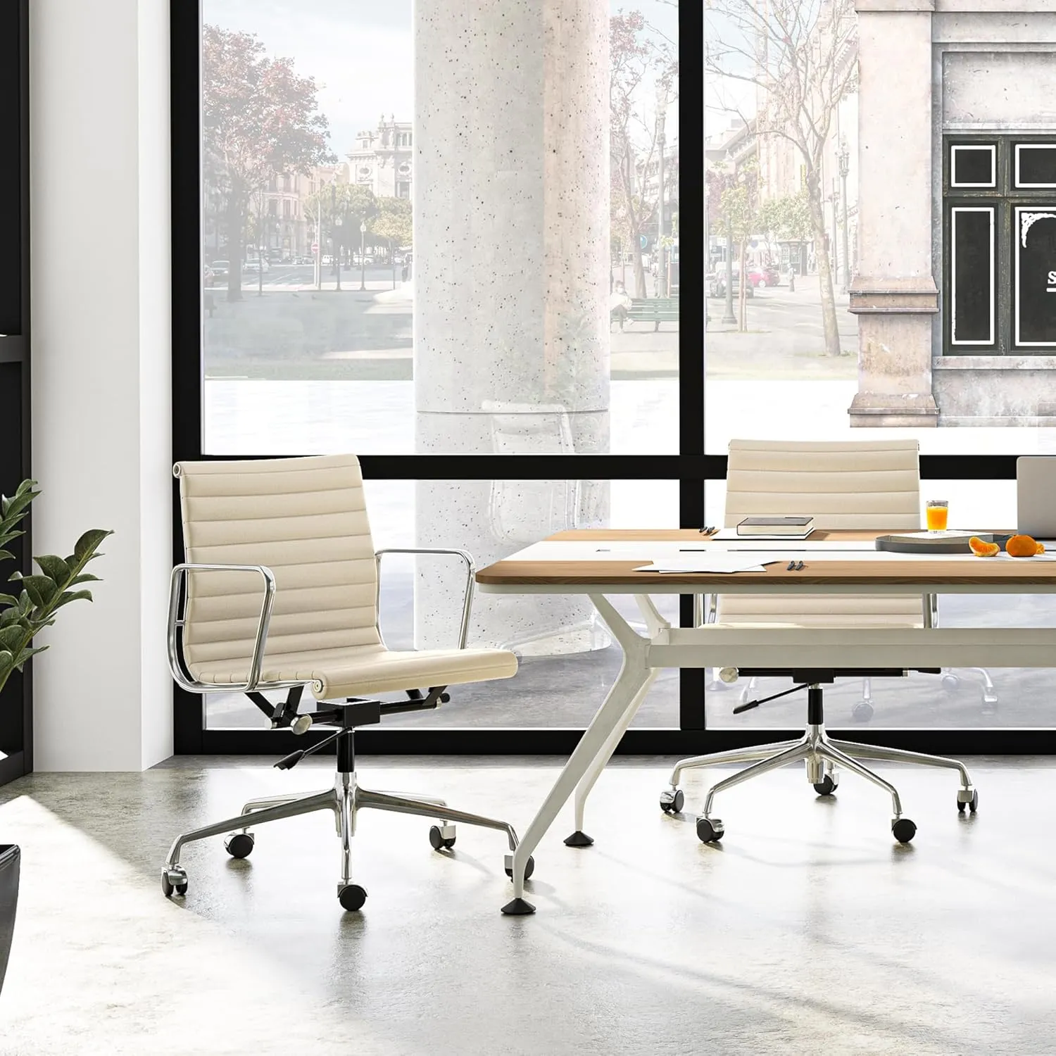 Mid Back Cream Top Grain Leather Ribbed Home Office Chair, Ergonomic Computer Desk Chair with Aluminium Alloy Frame and Silent Nylon Wheels, 360° Swivelable
