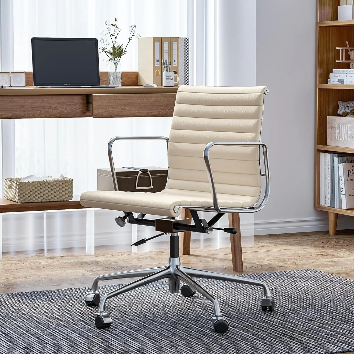 Mid Back Cream Top Grain Leather Ribbed Home Office Chair, Ergonomic Computer Desk Chair with Aluminium Alloy Frame and Silent Nylon Wheels, 360° Swivelable