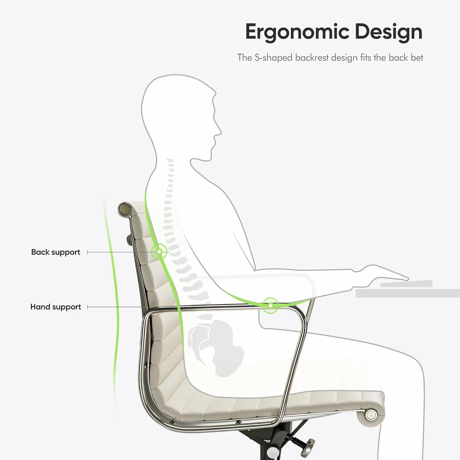 Mid Back Cream Top Grain Leather Ribbed Home Office Chair, Ergonomic Computer Desk Chair with Aluminium Alloy Frame and Silent Nylon Wheels, 360° Swivelable