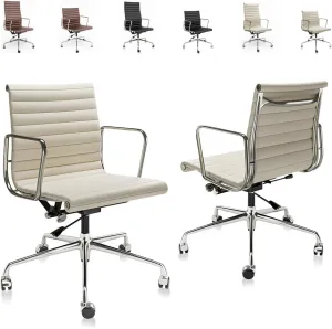 Mid Back Cream Top Grain Leather Ribbed Home Office Chair, Ergonomic Computer Desk Chair with Aluminium Alloy Frame and Silent Nylon Wheels, 360° Swivelable