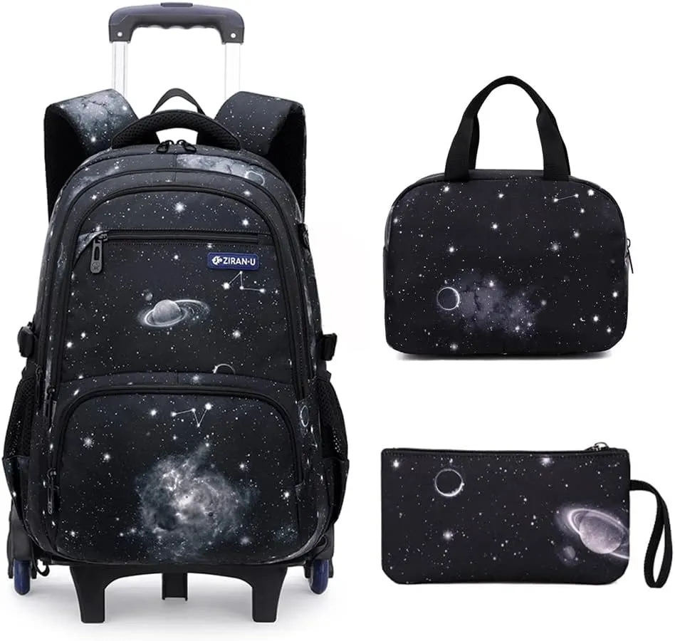 Mildame Galaxy Print Rolling Backpack for School Boys Girls with Lunch Bag Teens Bookbag with Wheels Kids Trolley Bag Set, Six Wheels
