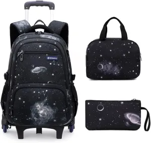 Mildame Galaxy Print Rolling Backpack for School Boys Girls with Lunch Bag Teens Bookbag with Wheels Kids Trolley Bag Set, Six Wheels