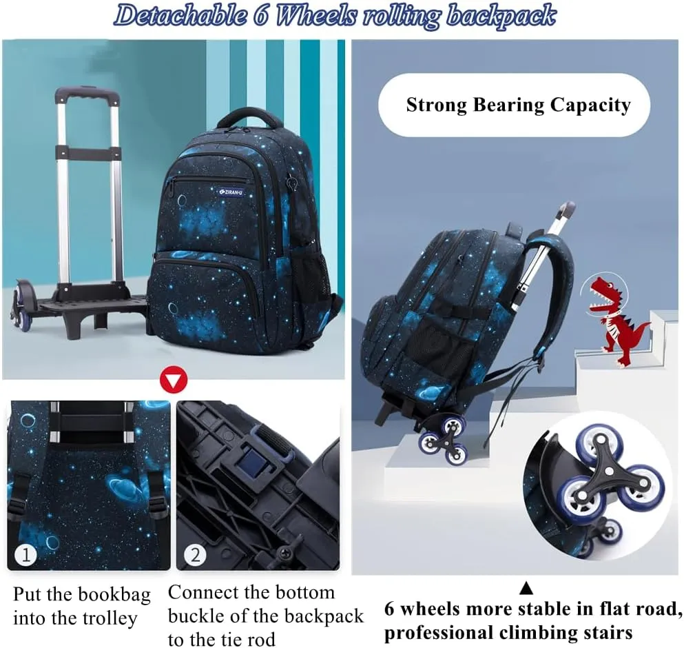 Mildame Galaxy Print Rolling Backpack for School Boys Girls with Lunch Bag Teens Bookbag with Wheels Kids Trolley Bag Set, Six Wheels