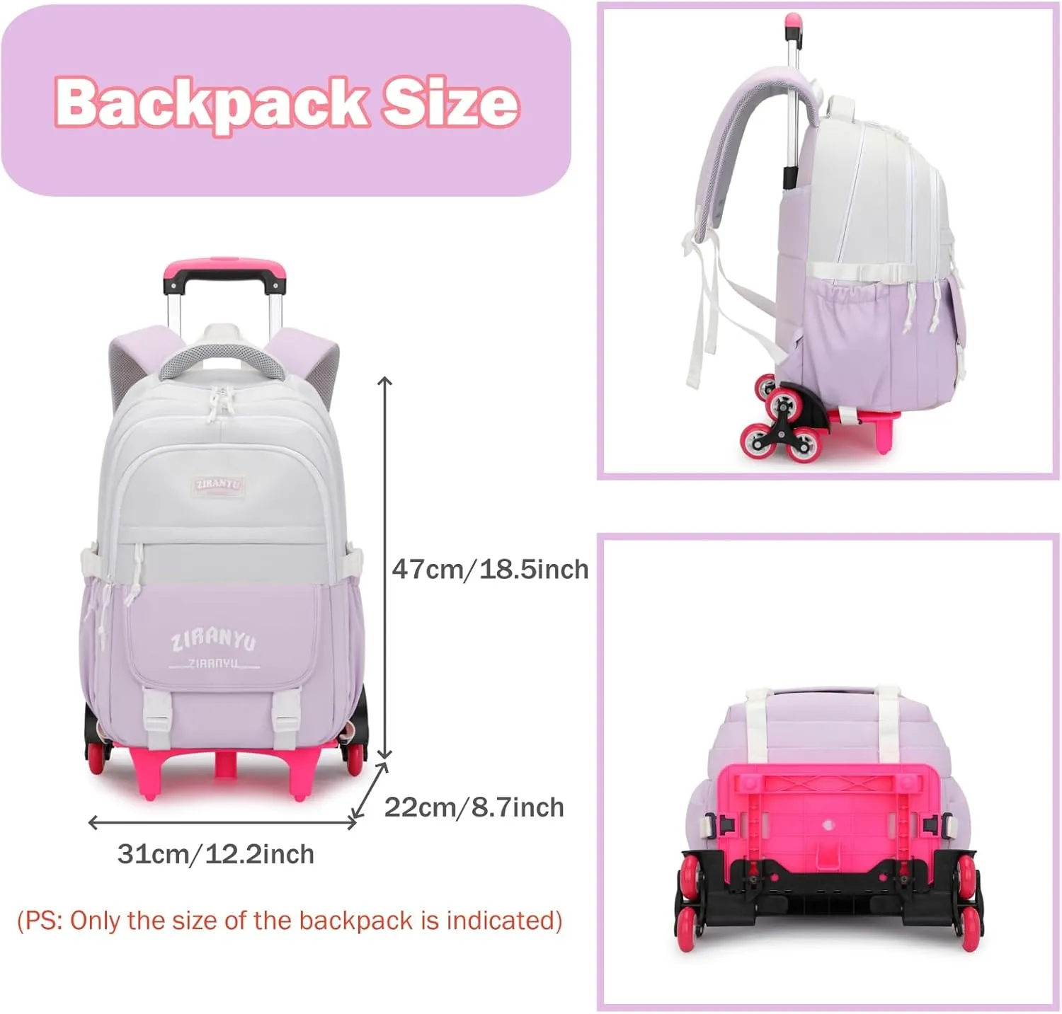 Mildame Rolling Backpack for Girls Boys School Backpack with Wheels Kids Wheeled Bookbag Black Roller Back Pack