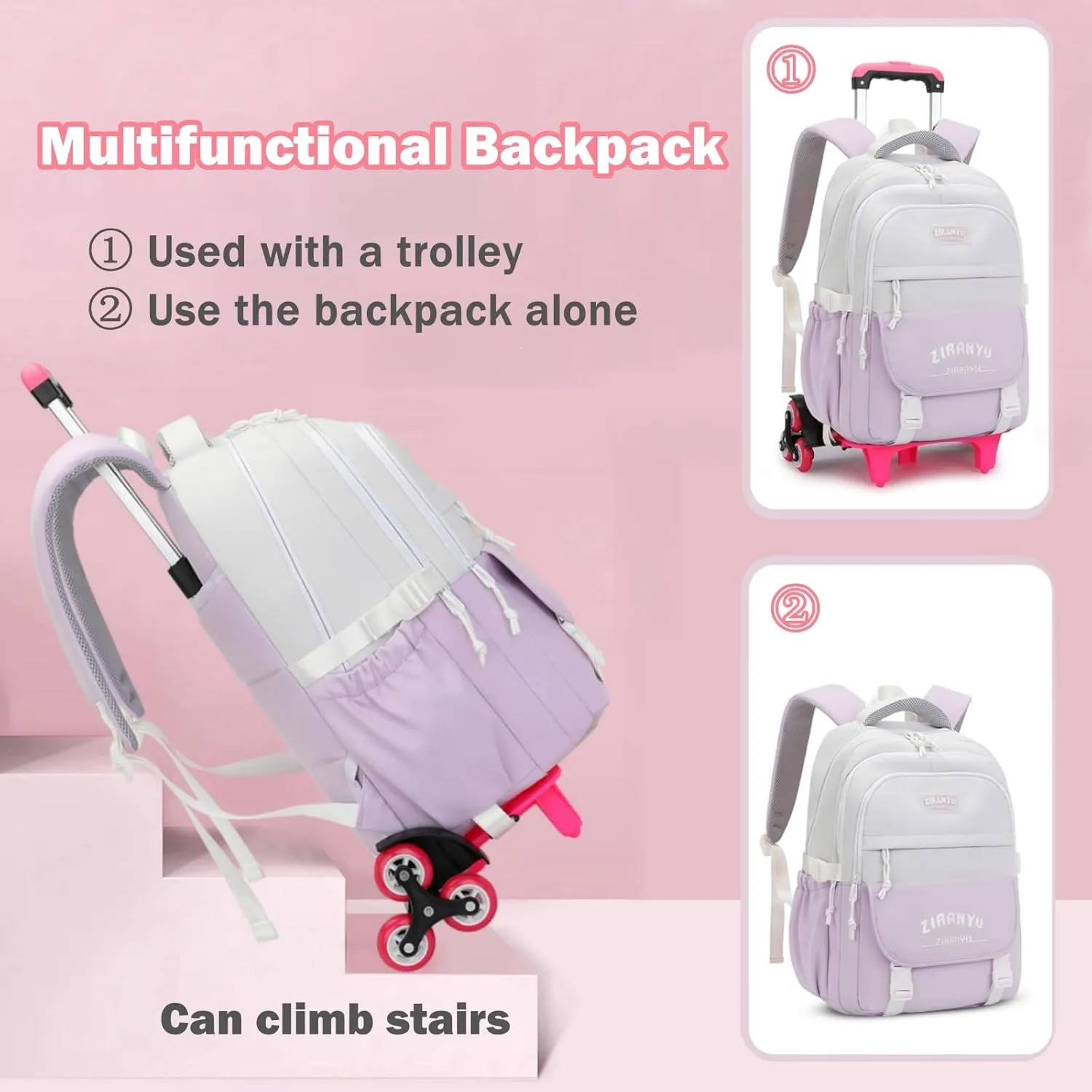 Mildame Rolling Backpack for Girls Boys School Backpack with Wheels Kids Wheeled Bookbag Pink Roller Back Pack