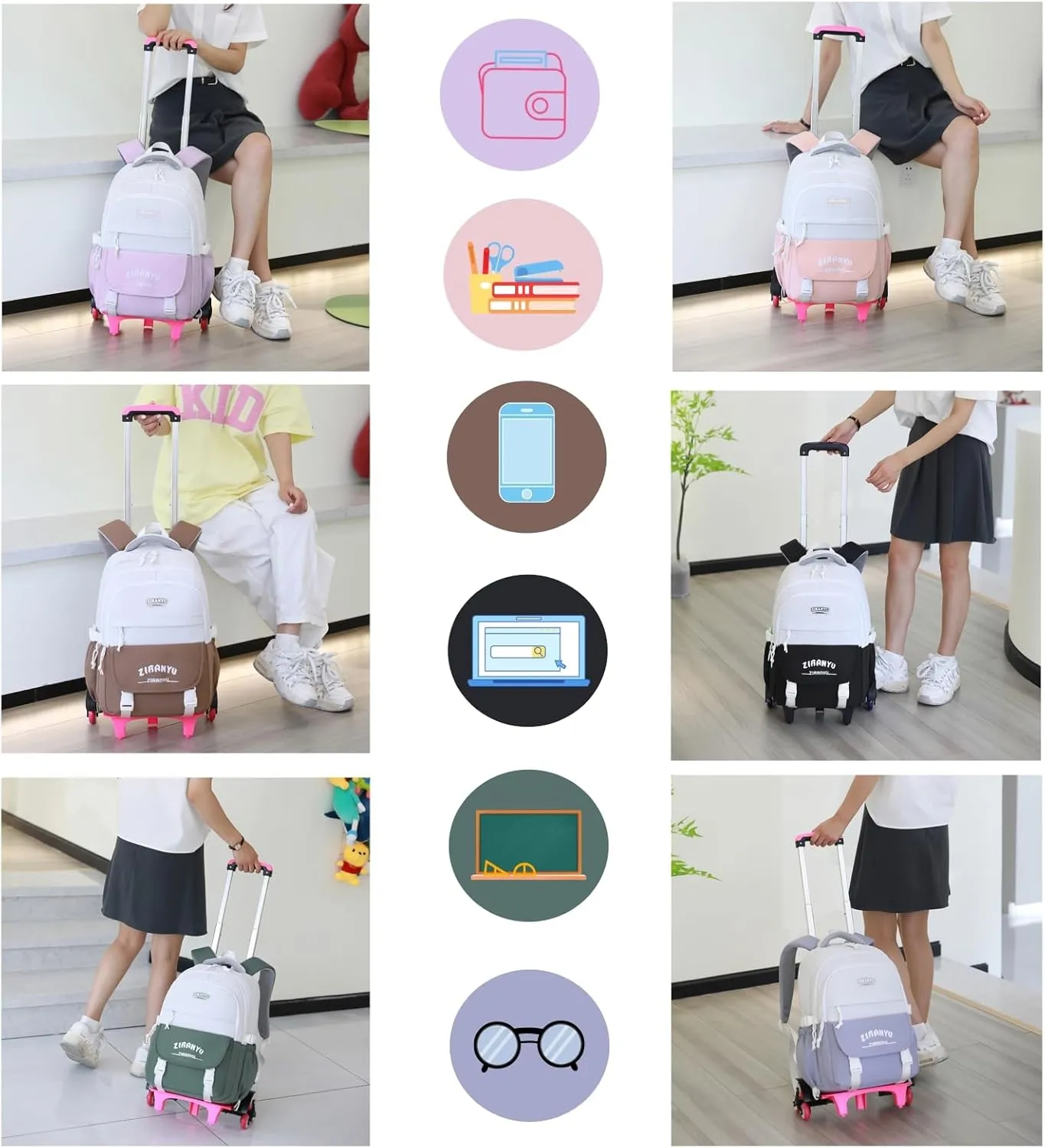 Mildame Rolling Backpack for Girls Boys School Backpack with Wheels Kids Wheeled Bookbag Pink Roller Back Pack