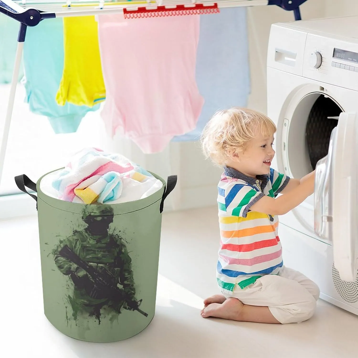 Military Unit Laundry Basket Minimalistic Laundry Hamper Round Collapsible Drawstring Clothes Hamper for Bedroom Bathroom