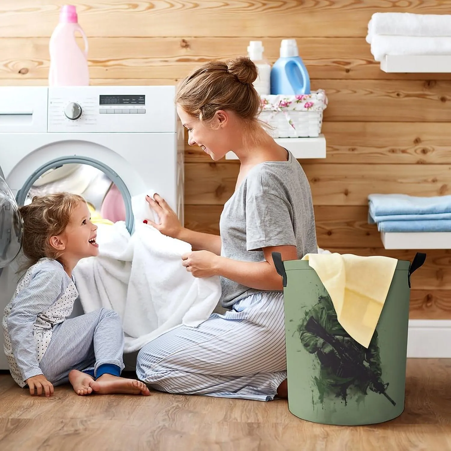 Military Unit Laundry Basket Minimalistic Laundry Hamper Round Collapsible Drawstring Clothes Hamper for Bedroom Bathroom
