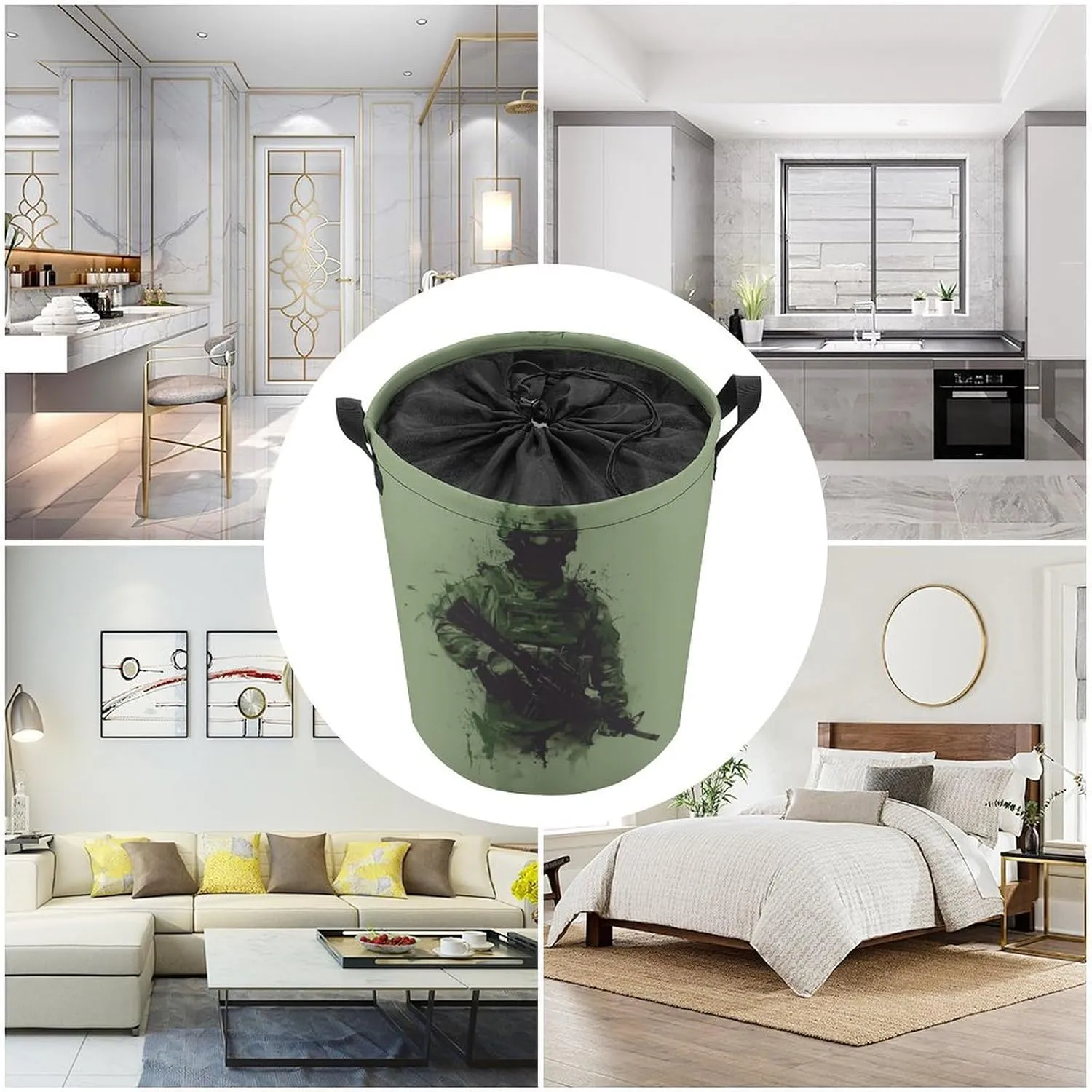 Military Unit Laundry Basket Minimalistic Laundry Hamper Round Collapsible Drawstring Clothes Hamper for Bedroom Bathroom
