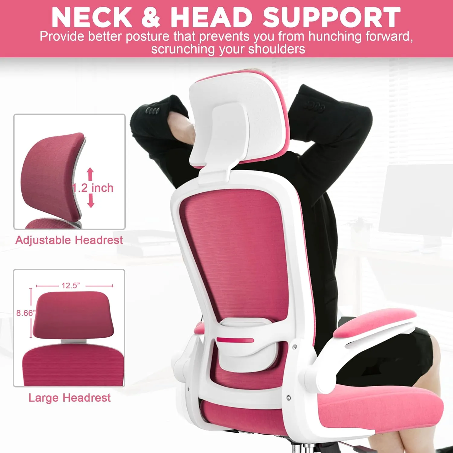 Mimoglad Office Chair, High Back Ergonomic Desk Chair with Adjustable Lumbar Support and Headrest, Swivel Task Chair with flip-up Armrests for Guitar Playing (Modern, Barbie Pink)