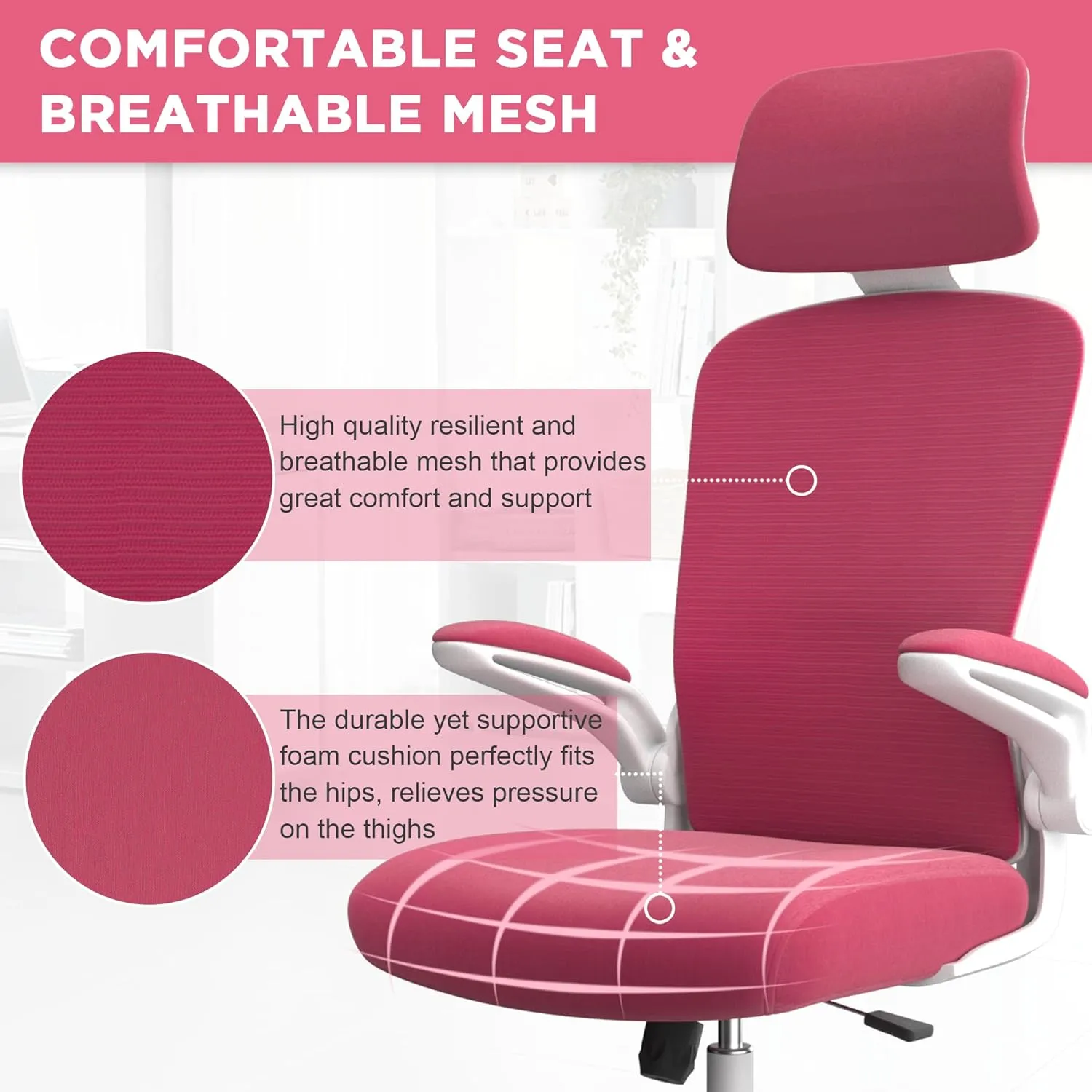 Mimoglad Office Chair, High Back Ergonomic Desk Chair with Adjustable Lumbar Support and Headrest, Swivel Task Chair with flip-up Armrests for Guitar Playing (Modern, Barbie Pink)