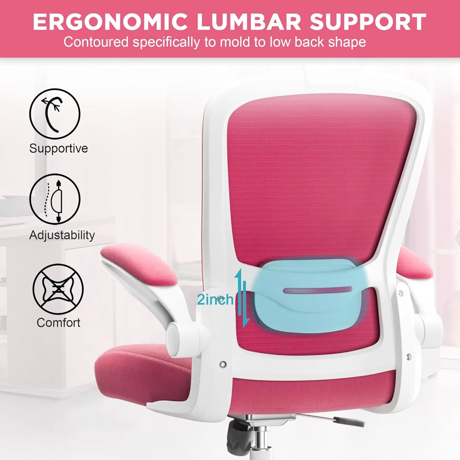 Mimoglad Office Chair, High Back Ergonomic Desk Chair with Adjustable Lumbar Support and Headrest, Swivel Task Chair with flip-up Armrests for Guitar Playing (Modern, Barbie Pink)