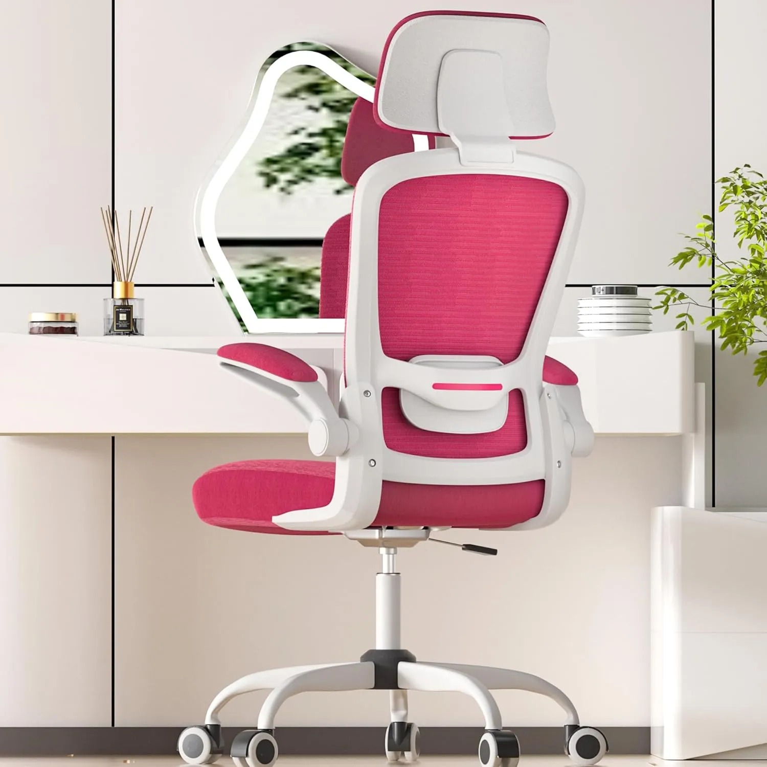 Mimoglad Office Chair, High Back Ergonomic Desk Chair with Adjustable Lumbar Support and Headrest, Swivel Task Chair with flip-up Armrests for Guitar Playing (Modern, Barbie Pink)