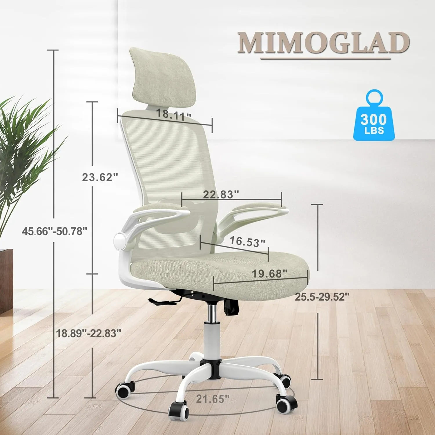 Mimoglad Office Chair, High Back Ergonomic Desk Chair with Adjustable Lumbar Support and Headrest, Swivel Task Chair with flip-up Armrests for Guitar Playing (Modern, Beige)