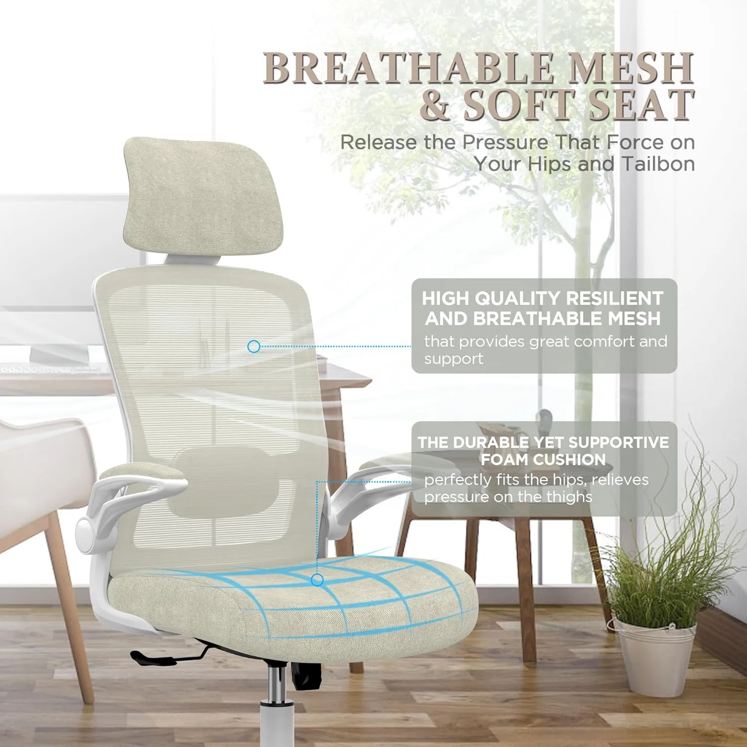Mimoglad Office Chair, High Back Ergonomic Desk Chair with Adjustable Lumbar Support and Headrest, Swivel Task Chair with flip-up Armrests for Guitar Playing (Modern, Beige)