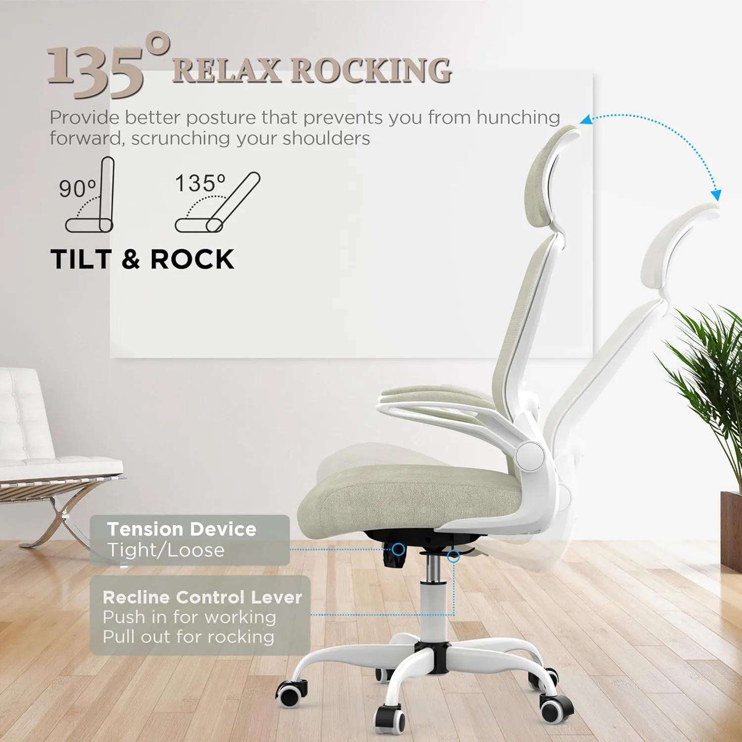 Mimoglad Office Chair, High Back Ergonomic Desk Chair with Adjustable Lumbar Support and Headrest, Swivel Task Chair with flip-up Armrests for Guitar Playing (Modern, Beige)