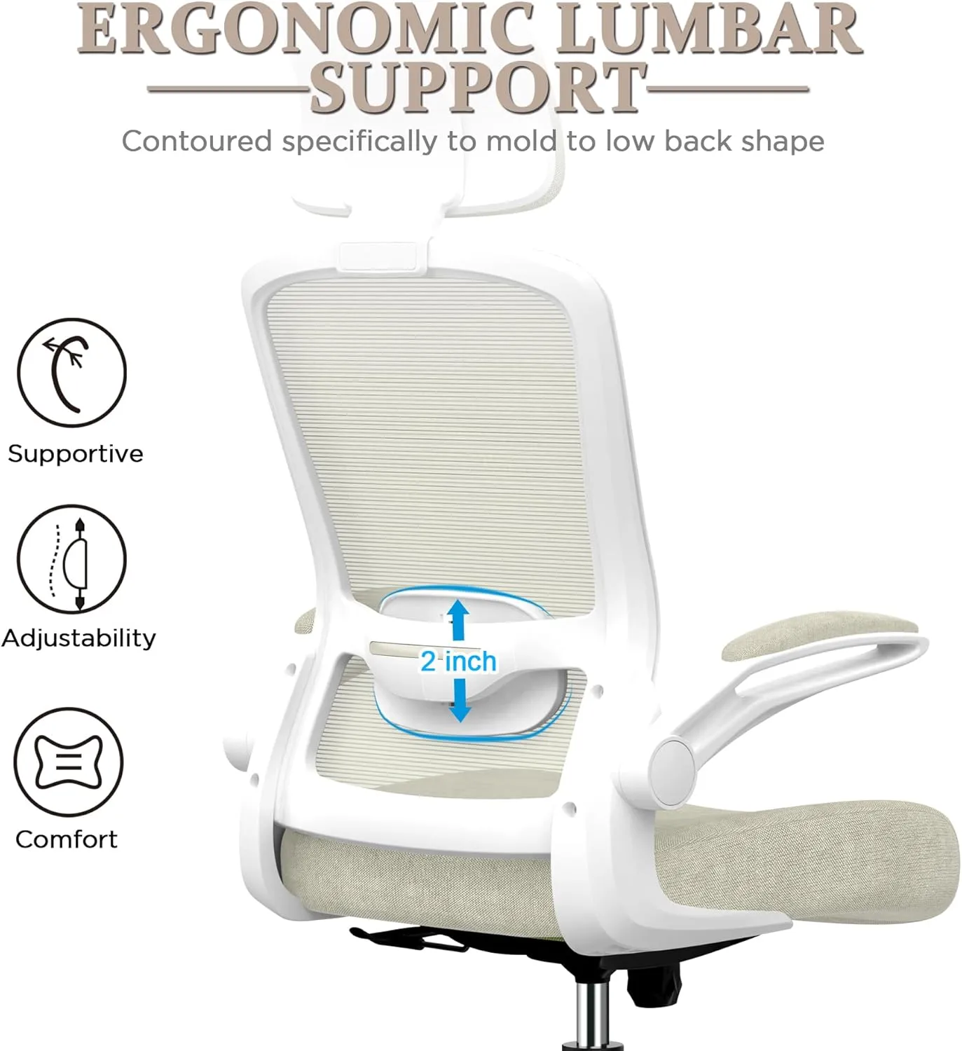 Mimoglad Office Chair, High Back Ergonomic Desk Chair with Adjustable Lumbar Support and Headrest, Swivel Task Chair with flip-up Armrests for Guitar Playing (Modern, Beige)