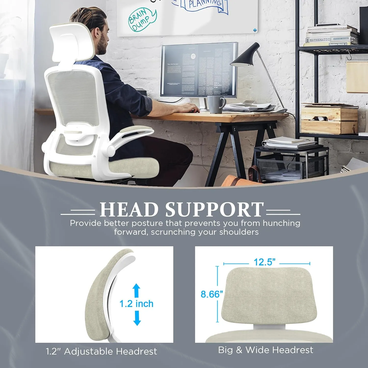 Mimoglad Office Chair, High Back Ergonomic Desk Chair with Adjustable Lumbar Support and Headrest, Swivel Task Chair with flip-up Armrests for Guitar Playing (Modern, Beige)