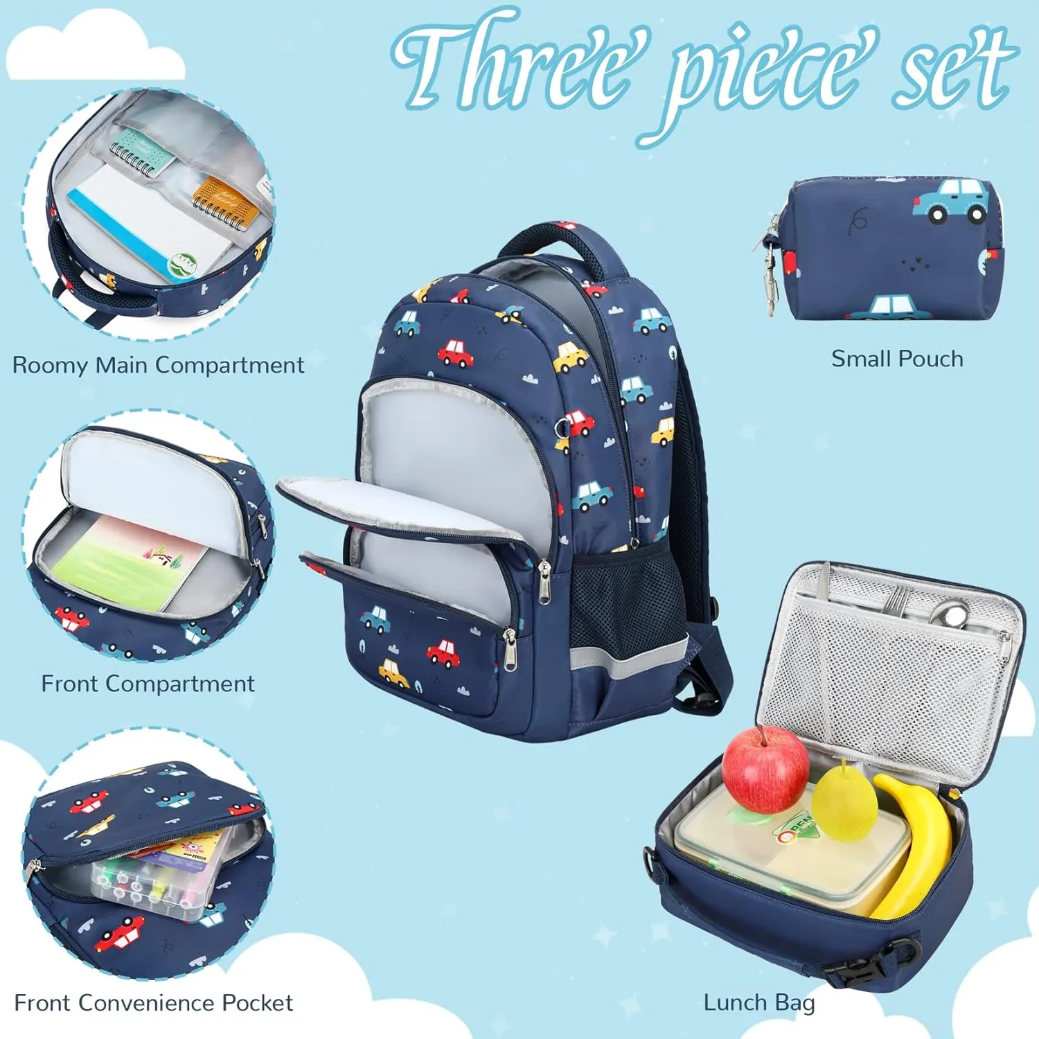 MIRLEWAIY School Backpack For Boys Kids Bookbag Elementary Bag Set with Insulated Lunch Bag and Coin Pouch, Black Dinosaur
