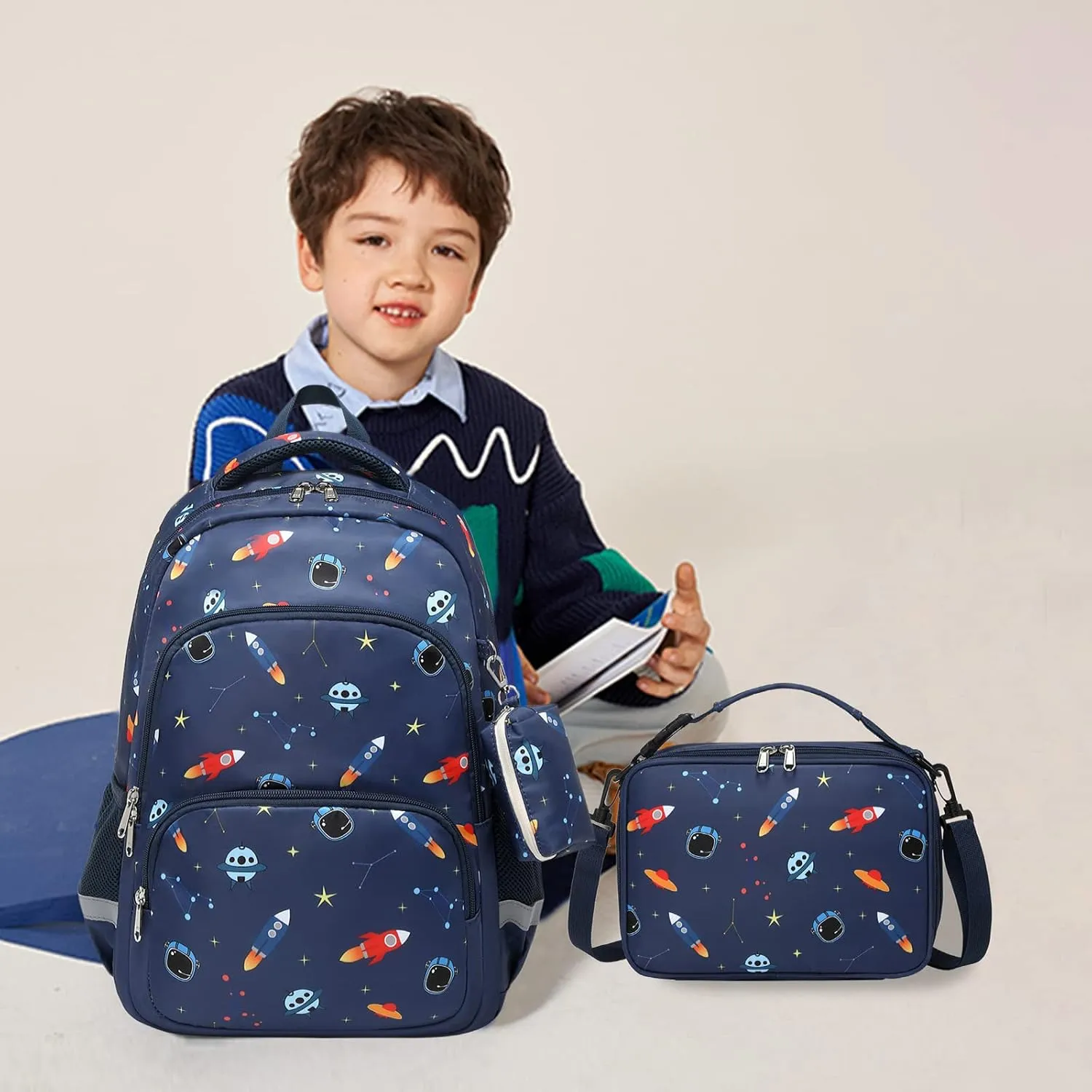 MIRLEWAIY School Backpack For Boys Kids Bookbag Elementary Bag Set with Insulated Lunch Bag and Coin Pouch, Black Dinosaur