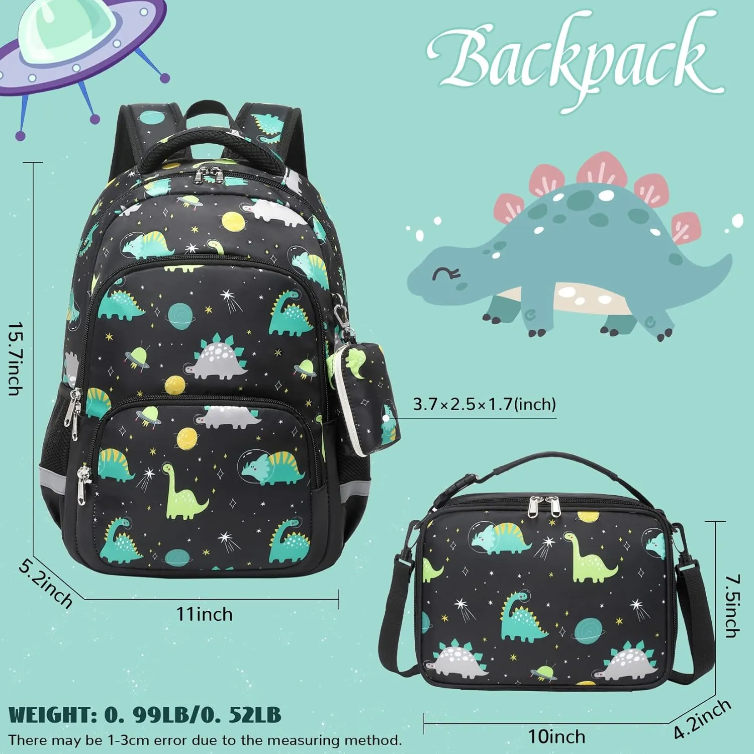 MIRLEWAIY School Backpack For Boys Kids Bookbag Elementary Bag Set with Insulated Lunch Bag and Coin Pouch, Black Dinosaur