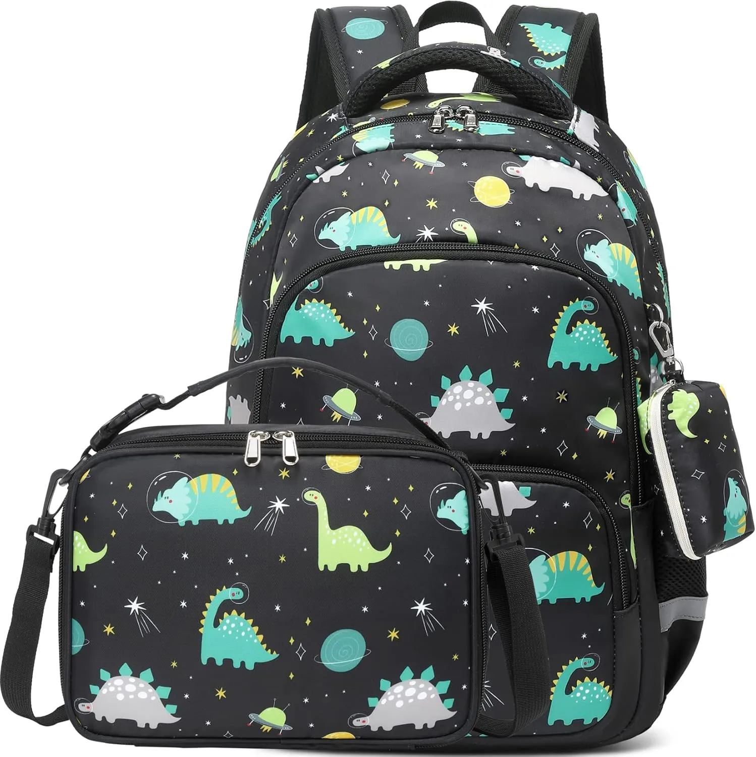 MIRLEWAIY School Backpack For Boys Kids Bookbag Elementary Bag Set with Insulated Lunch Bag and Coin Pouch, Black Dinosaur