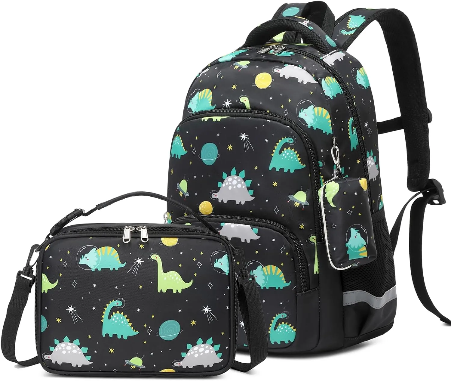 MIRLEWAIY School Backpack For Boys Kids Bookbag Elementary Bag Set with Insulated Lunch Bag and Coin Pouch, Black Dinosaur