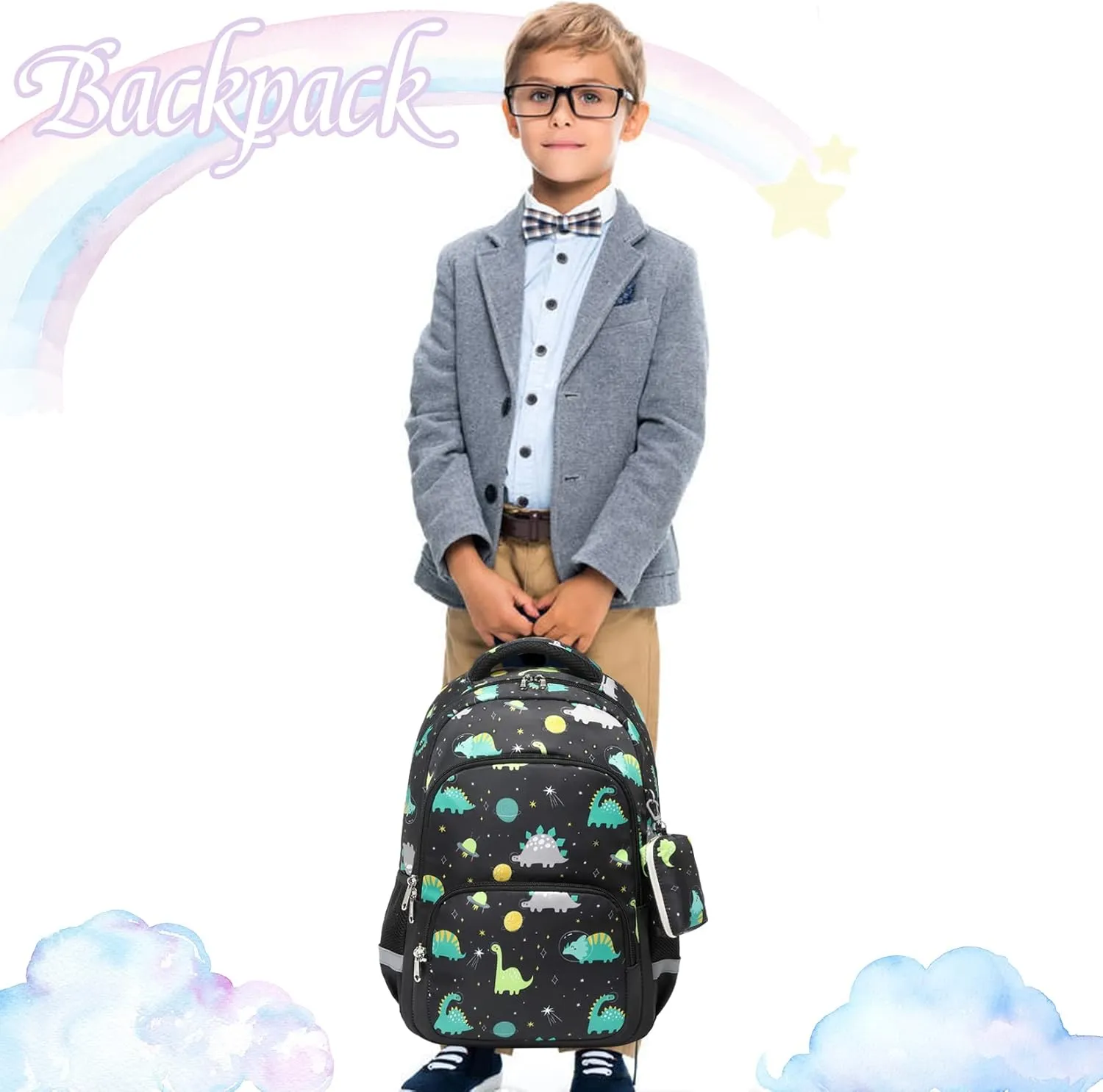 MIRLEWAIY School Backpack For Boys Kids Bookbag Elementary Bag Set with Insulated Lunch Bag and Coin Pouch, Black Dinosaur