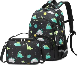 MIRLEWAIY School Backpack For Boys Kids Bookbag Elementary Bag Set with Insulated Lunch Bag and Coin Pouch, Black Dinosaur