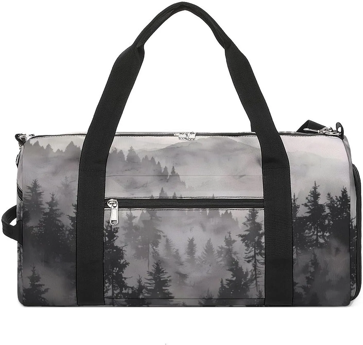 Misty Fog Pine Tree Forest Sports Gym Bag for Men Women Travel Duffel Bag with Shoulder Strap