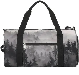 Misty Fog Pine Tree Forest Sports Gym Bag for Men Women Travel Duffel Bag with Shoulder Strap