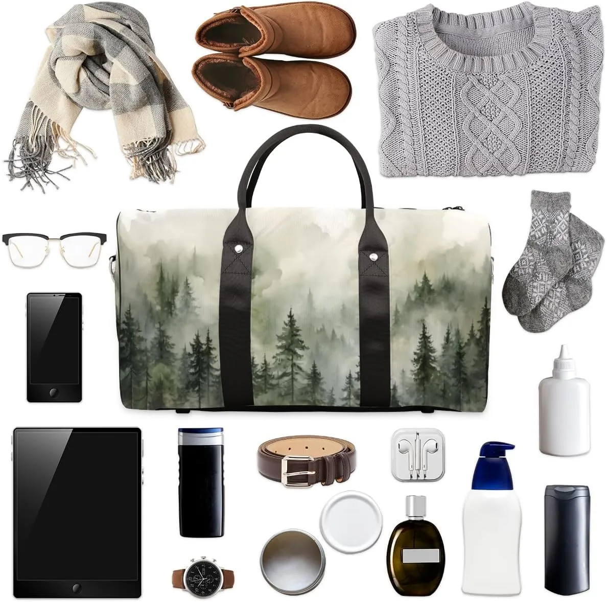Misty Forest Travel Duffle Bag for Women Men Gym Duffel Foldable Bag Waterproof Weekender Dark Green Duffle Tote