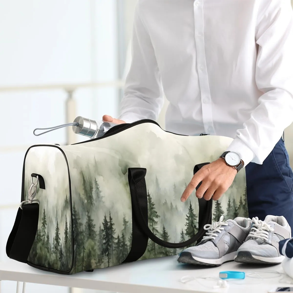 Misty Forest Travel Duffle Bag for Women Men Gym Duffel Foldable Bag Waterproof Weekender Dark Green Duffle Tote