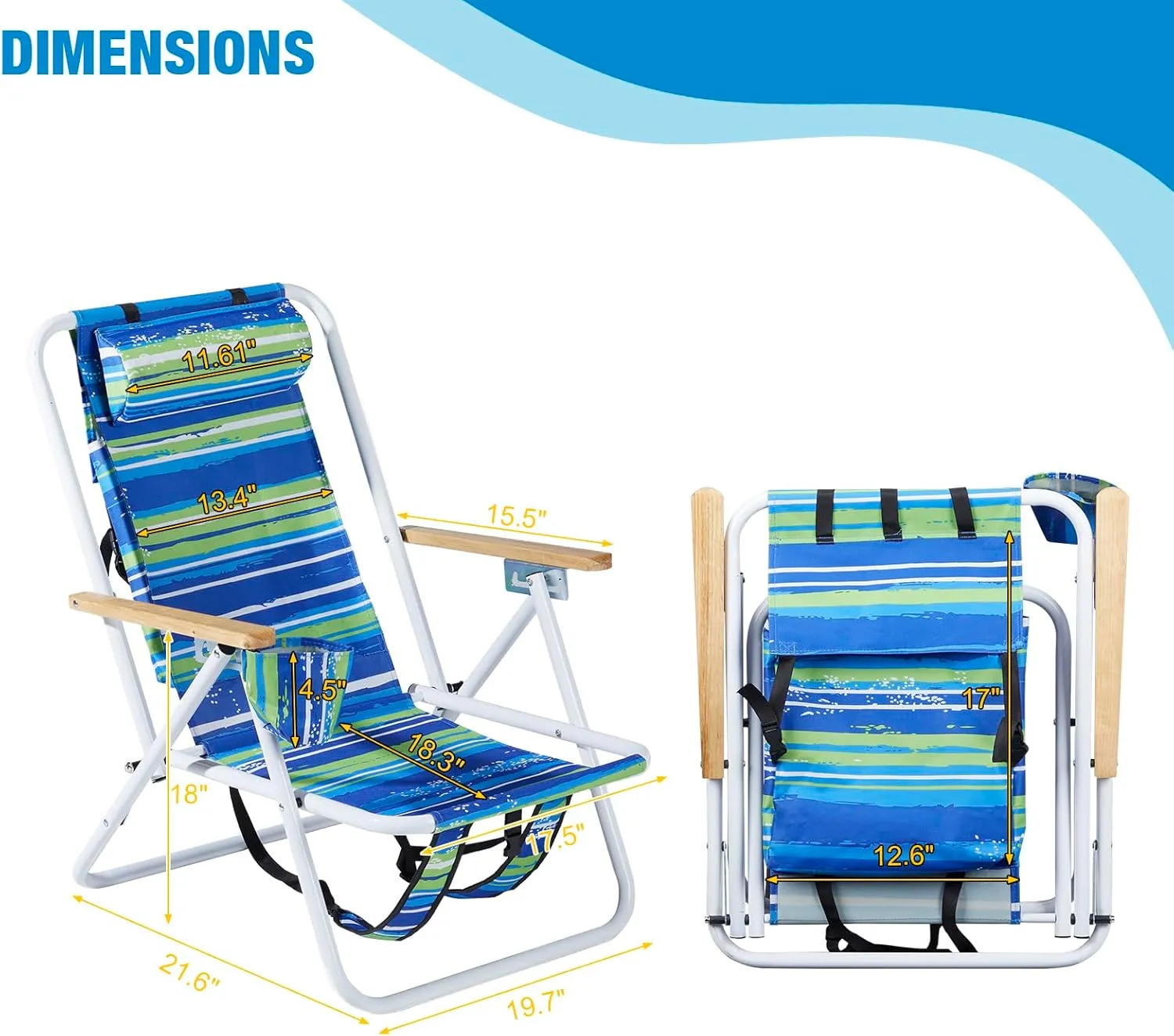 Modern Folding Beach Chair, Portable Camping Chair with Headrest and Cup Holder, Blue Striped, Sunbathing