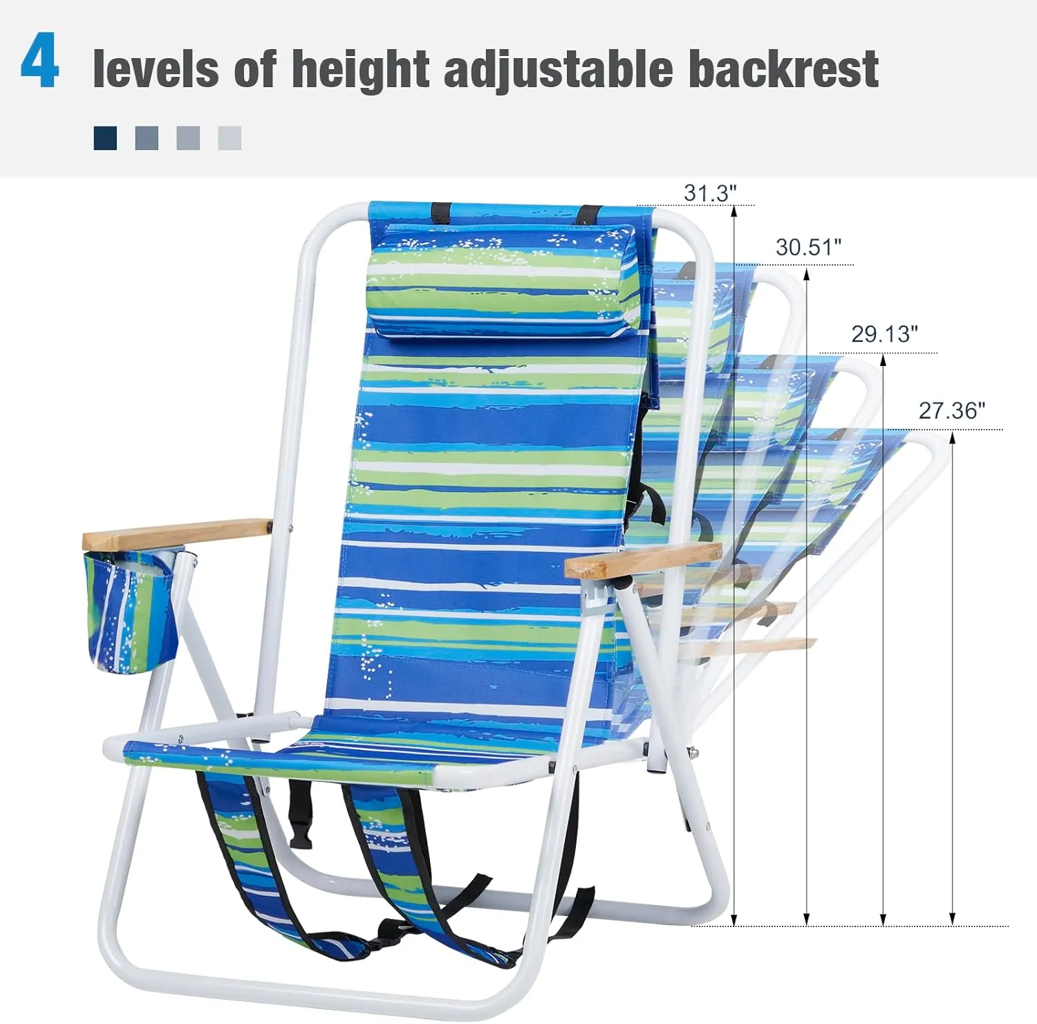 Modern Folding Beach Chair, Portable Camping Chair with Headrest and Cup Holder, Blue Striped, Sunbathing