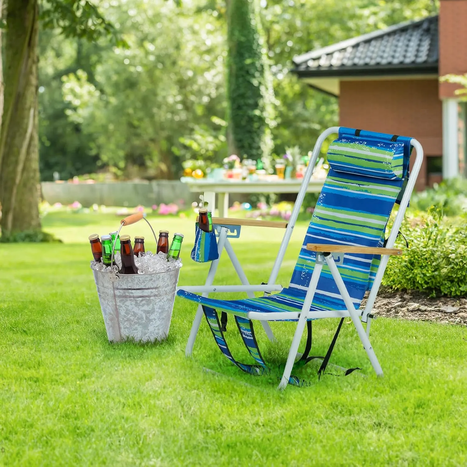 Modern Folding Beach Chair, Portable Camping Chair with Headrest and Cup Holder, Blue Striped, Sunbathing