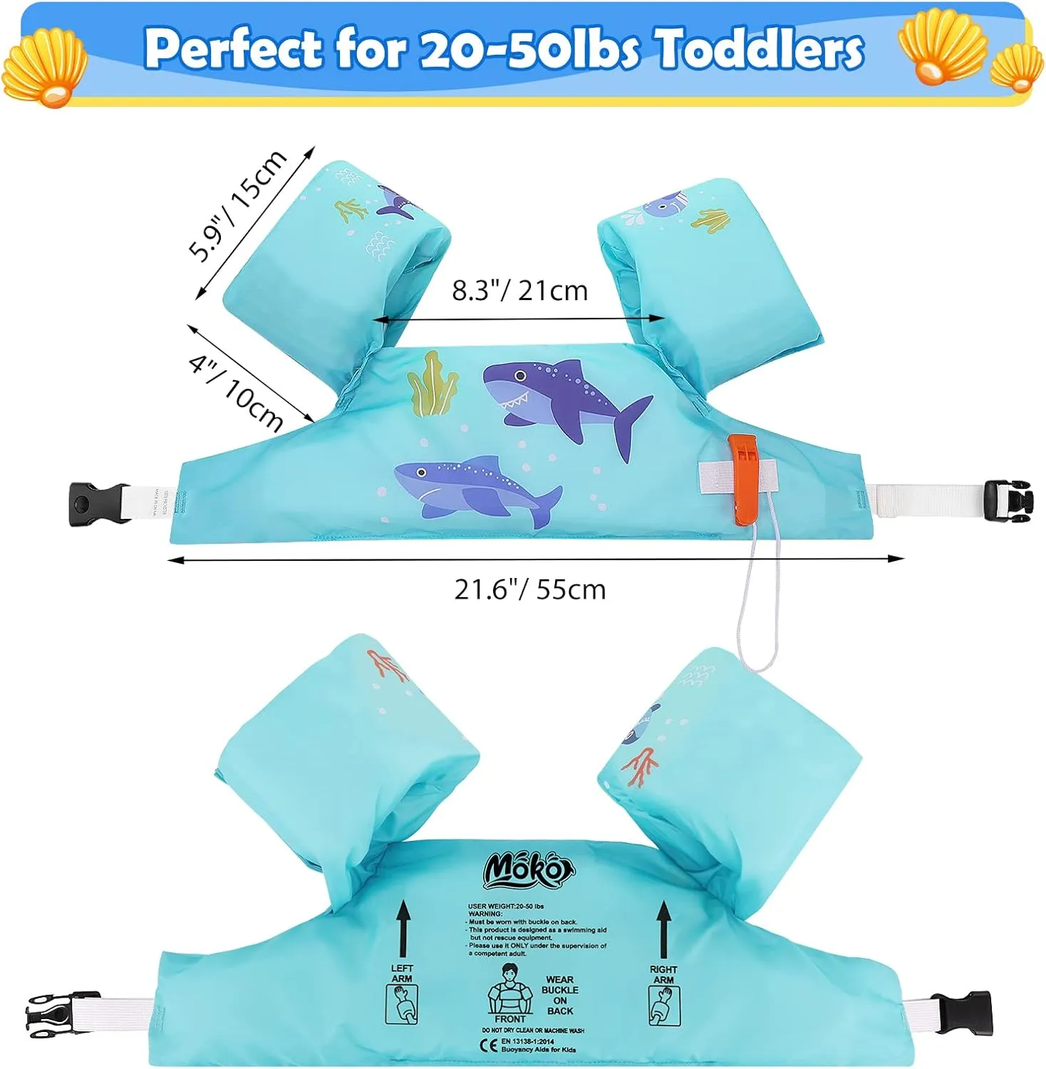 MoKo Toddler Swim Vest for Kids, 20-66 lbs, Arm Floaties with Adjustable Straps, Nylon Material, Swim Vest for Toddlers Learning to Swim